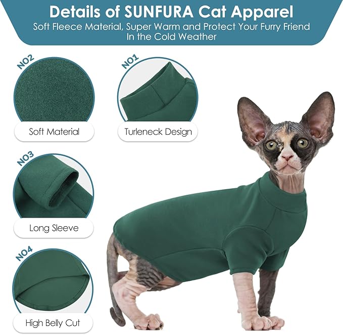 SUNFURA Turtleneck Sweater for Cat, Sphynx Hairless Cats Shirt Sweaters with Sleeves, Warm and Soft Kitten Pullover Fleece Winter Pajamas Jumpsuit for Puppy, Green XL