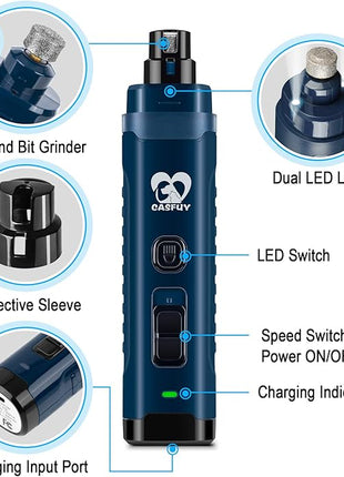 Casfuy Dog Nail Grinder with 2 LED Light - 4.8V Super Powerful 2-Speed Electric Pet Nail Trimmer for Medium Large Dogs Quiet Rechargeable Painless Paws Grooming & Smoothing Tool (Dark Blue)