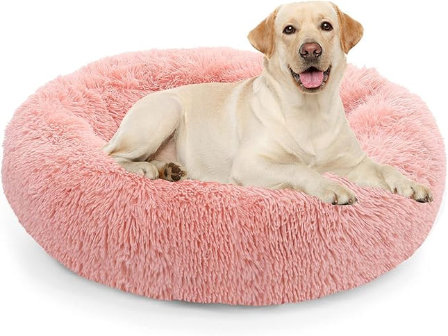 NOYAL Calming Donut Dog Bed for Small to Medium Dogs & Cats - Plush Faux Fur Anti-Anxiety Pet Bed with Machine Washable Cover & Non-Slip Base