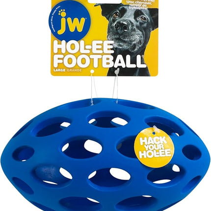 JW Pet Hol-ee Football Dog Toy Puzzle Ball, Natural Rubber, Large (9 Inch Length), Colors May Vary