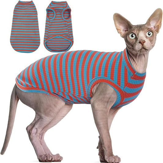 BRKURLEG Hairless Cats T Shirt, Cat Sweaters, Pullover Kitten Shirts, Sleeveless Round Collar Cotton Vest for Cornish Rex Devon Rex Peterbald and Small Dogs Sweater(OrangeBlue Stripes, M)