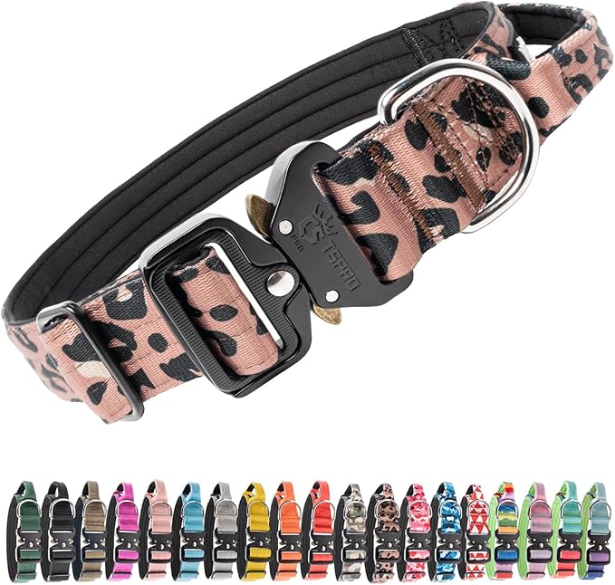 TSPRO Premium Dog Collars Tactical Dog Collar with Handle and Heavy Duty Quick-Release Metal Buckle Durable Thick and Adjustable for Medium to Large Dogs (Leopard Print L)