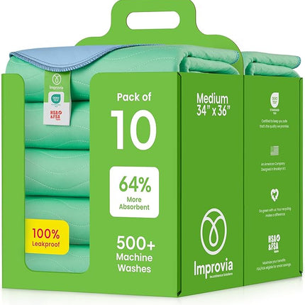 IMPROVIA® Washable Underpads, 34" x 36" (Pack of 10) - Heavy Absorbency Reusable Bedwetting Incontinence Pads for Kids, Adults, Elderly, and Pets Waterproof Protective Pad for Bed, Couch, Sofa, Floor