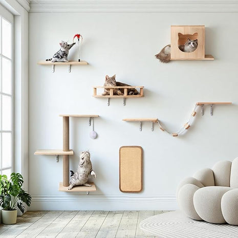 Cat Wall Shelves, Solid Wooden Wall-Mounted Cat Furniture, Set of 6 Cat Climbing Shelves with House, Bed, Bridge, Tree, Steps and Scratcher