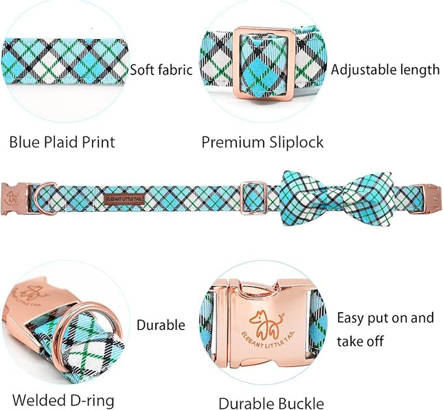 Elegant Little Tail Blue Plaid Dog Collar with Bow - Soft, Adjustable for Small to Large Dogs
