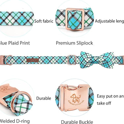 Elegant Little Tail Blue Plaid Dog Collar with Soft Bow, Adjustable for Small to Large Dogs