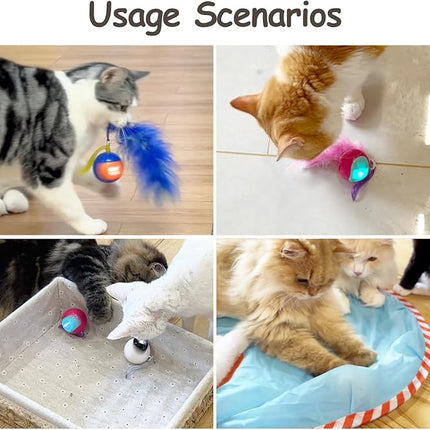 Migipaws Interactive Cat Ball Toy Set, Fun Tracker, Automatic Rolling Chase Ball with Fluffy Tail, A Small Mice, Rechargeable (Blue)
