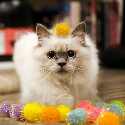 20 Pieces Mix Sizes Sparkle Pom Pom Balls for Cat - Interactive Glitter Balls, Multicolor, Best as Kitten Play Toys.