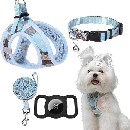 EXPAWLORER Classic Plaid Puppy Harness - Small Dog Harness and Leash Set - Dog Collar and Leash Set with AirTag Holder, Soft Padded Step in Dog Vest Harness No Pull Reflective for Outdoor, Blue XXS