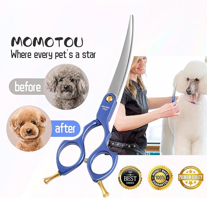 6.5'' Small Curved Dog Grooming Scissors Blue Professional Trimming Shears with Ultra-Lightweight Offset Handle CNC 440C Stainless Steel Blades Pet Scissors for Face and Paws