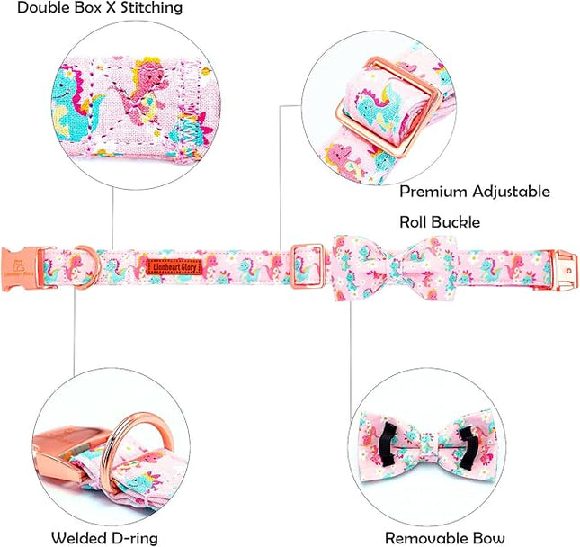 Lionheart glory Dog Bow Collar Dinosaurs Pattern Cute Collars for Small Dogs,Soft Duty Adjustable Dog Collar with Bowtie Spring Summer Puppy Collars Bows Pet Gift