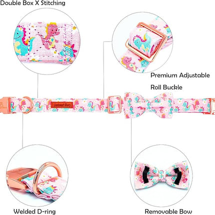 Lionheart glory Dog Bow Collar Dinosaurs Pattern Cute Collars for Medium Dogs,Soft Duty Adjustable Dog Collar with Bowtie Spring Summer Puppy Collars Bows Pet Gift
