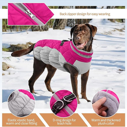 Large Dog Coat, XXLarge Dog Winter Coat, Waterproof Pet Jacket with Back Zipper,Extra Large Pet Coats, Warm Fleece Jacket with D-Ring, Windproof Winter Clothes Golden Retriever,Rose Red,XXL
