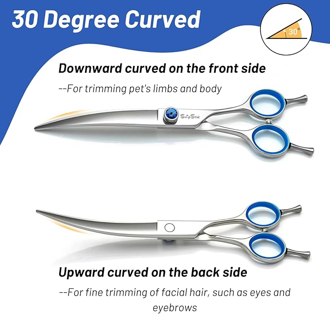 8inch Curved Dog Grooming Scissors Professional, Japanese VG10 Steel Sharp Pet Shears, with CNC Screw & Ergonomic Handle, 30 Degree Bend Cat Dog Trimming Scissors for Grooming Face and Paws Groomers