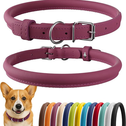 CollarDirect Rolled Leather Dog Collar, Soft Padded Round Puppy Collar, Handmade Genuine Leather Collar Dog Small Large Cat Collars 13 Colors (11-14 Inch, Pink Smooth)