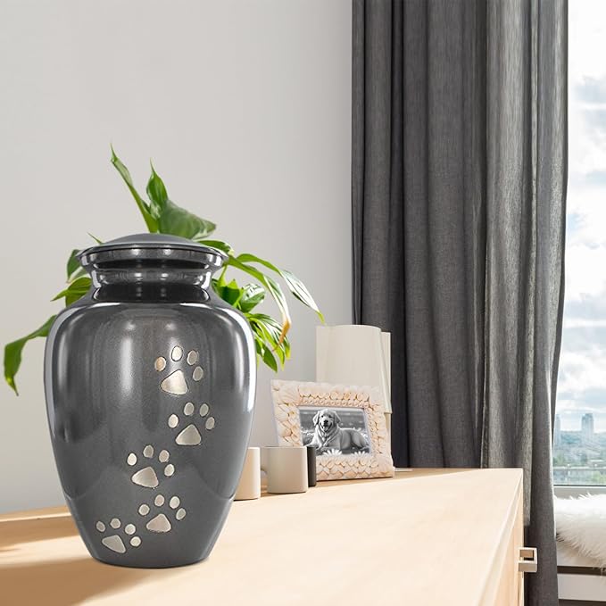 Trupoint Memorials Large Pet Urn for Dogs and Cats Ashes, Paws Print Grey Cremation Urns for Pets up to 122 lbs