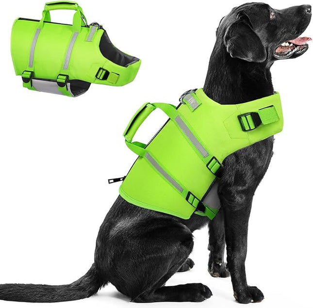Queenmore Dog Swim Vest - Lightweight Adjustable Reflective Puppy Pet Float Life Preserver with Back Zip, Rescue Handle, Metal Hook (Green XXL)