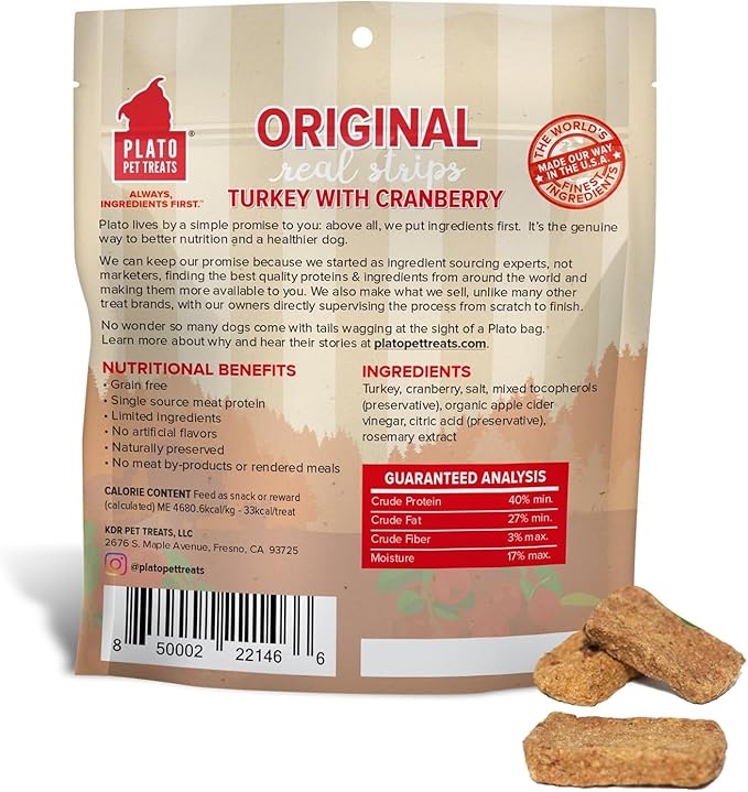 PLATO Turkey Real Strips Natural Dog Treats - Real Meat - Air Dried - Made in the USA - Turkey & Cranberry, 3 ounces