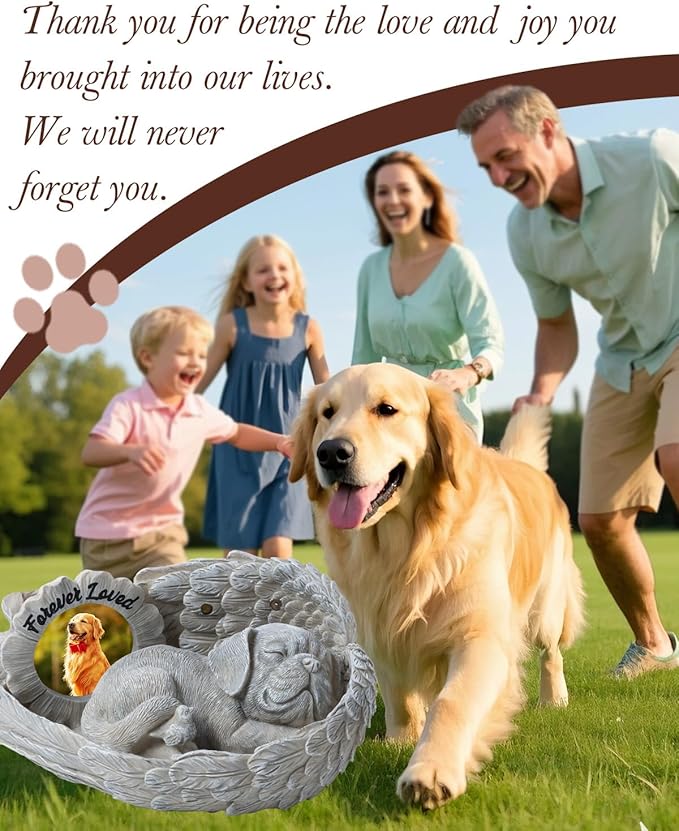 Dog Memorial Gift, Angel Memorial Dog Statue with Photo Frame, Forever My Guardian Angel Garden Solar Light Dogs for Pet Memorial Stone
