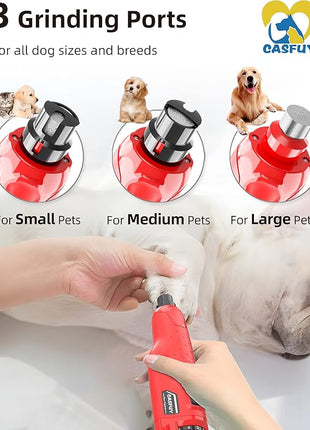 Casfuy Dog Nail Grinder Quiet - (45db) 6-Speed Pet Nail Grinder with 2 LED Lights for Large Medium Small Dogs/Cats, Professional 3 Ports Rechargeable Electric Dog Nail Trimmer with Dust Cap(Red)