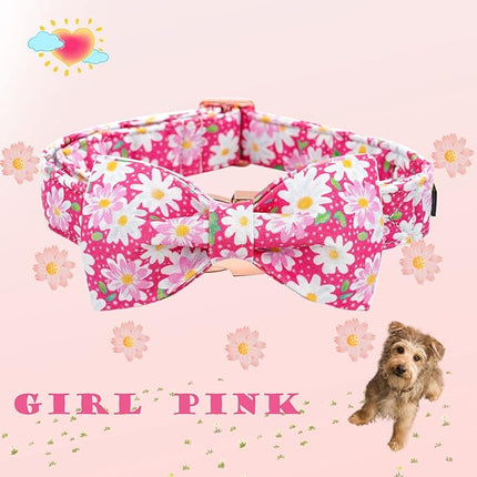 Elegant little tail Dog Collar, Floral Pattern Pet Collars with Bow Girl Cotton Bowtie Collars Spring Puppy Gift Adjustable Pet Collar for X-Large Dogs