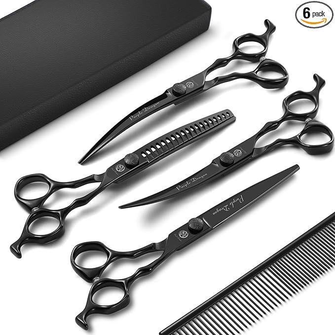 Purple Dragon Dog Grooming Scissors Set - Curved Chunkers, Straight, Up & Down Curved Scissors and Comb, 7 Inch Black Shears with Adjustable Screw for Dogs and Cats