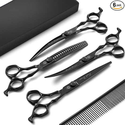 Purple Dragon Dog Grooming Scissors Set - Curved Chunkers, Straight, Up & Down Curved Scissors and Comb, 7 Inch Black Shears with Adjustable Screw for Dogs and Cats
