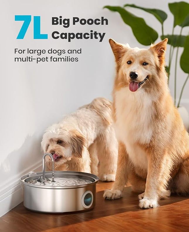 oneisall Dog Water Fountain, 7L/230oz/1.8G Quiet Dog Fountain Water Bowl, Stainless Steel Dog Water Fountain with Visual Water Level&Triple Filtration for Large Medium Small Breed Dogs Pets