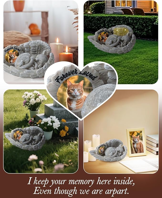 Cat Memorial Gift, Angel Memorial Cat Statue with Photo Frame, Forever My Guardian Angel Garden Solar Light Cats for Pet Memorial Stone