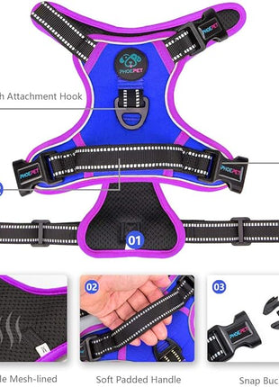 PHOEPET 2019 Upgraded No Pull Dog Harness, Reflective Adjustable Vest, with a Training Handle + 2 Metal Leash Hooks+ 3 Snap Buckles +4 Slide Buckles(XS, Royal Blue)