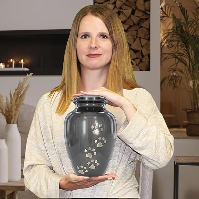 Trupoint Memorials Large Pet Urn for Dogs and Cats Ashes, Paws Print Grey Cremation Urns for Pets up to 122 lbs