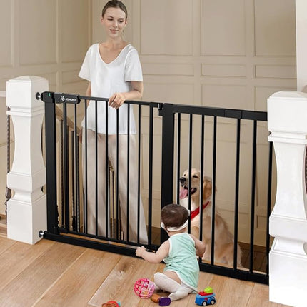 COMOMY 30" Tall Baby Gate for Stairs Doorways, Fits Openings 29.5" to 51.6" Wide, Auto Close Extra Wide Dog Gate for House, Pressure Mounted Easy Walk Through Pet Gate with Door, Black