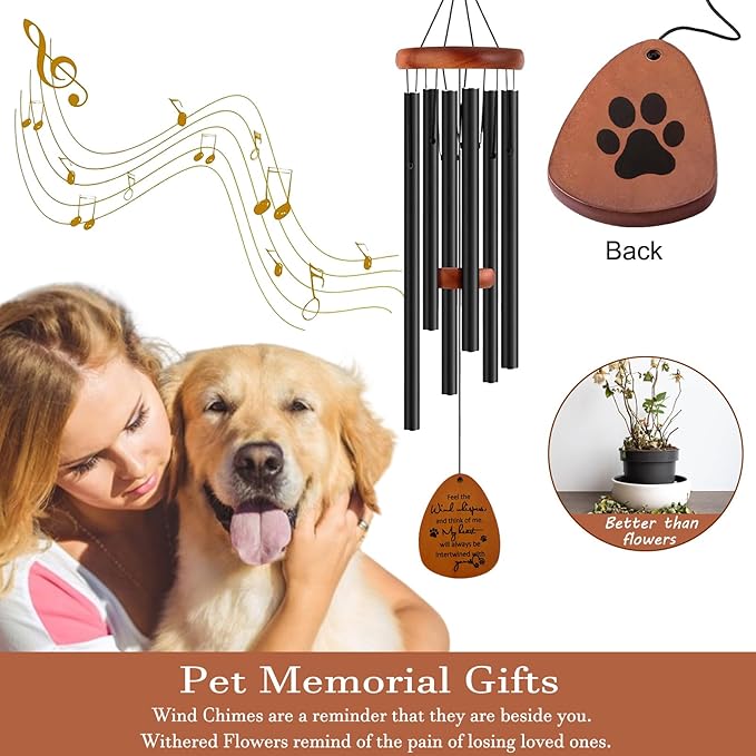 Dog Memorial Wind Chime, 26" Pet Memorial Gifts for Dogs, Loss of Dog Sympathy Gift, Black