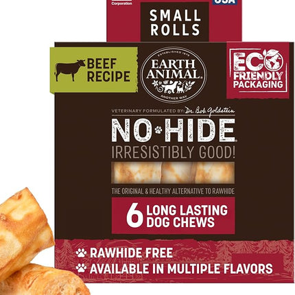 Earth Animal No Hide Chews - Long Lasting Rawhide Free Small Dog Chews Rolls, Beef - 6 Count