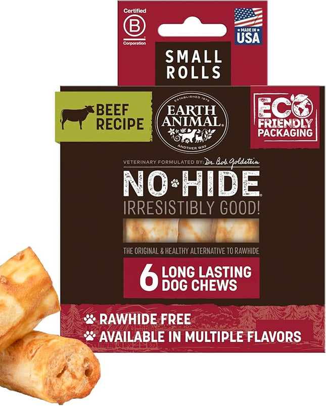 Earth Animal No Hide Chews - Long Lasting Rawhide Free Small Dog Chews Rolls, Beef - 6 Count