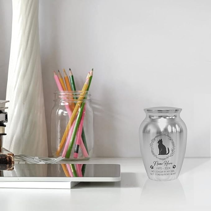 Artsy Woodsy Personalized Pet Memorial Cat Mini Urns - Stainless Steel Decorative Keepsake for Ashes 2.56 inch - Gifts for Cat Mom Dad Lovers Accessories in Loving Memory Loss (08, 2.56x1.77)