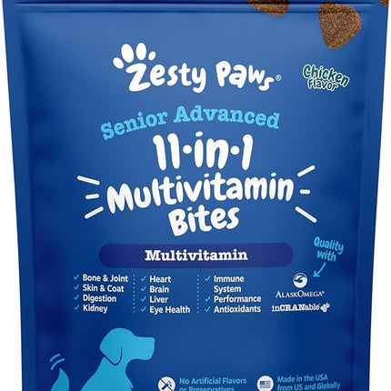 Zesty Paws Senior Dog Multivitamin Treats - Glucosamine for Dogs + Digestive Enzymes & Probiotics - Grain Free Dog Vitamins and Supplements for Skin & Coat + Immune Health Chicken - Advanced - 60ct