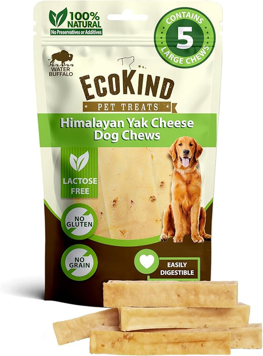 EcoKind Premium Gold Yak Cheese Himalayan Dog Chews, Healthy Dog Treats for Large Dogs, All Natural, High Protein Dog Chew, Water Buffalo, Large - 5 Chews