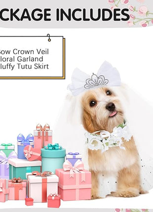 BINGPET Dog Wedding Outfit Dress,Doggy Cat Tutu Skirt with Dog Wedding Flower Collar and Crown Veil Set,Puppy Kitty Birthday Party Supplies,Dog Wedding Attire Bride Costume for Small Medium Dogs Cats