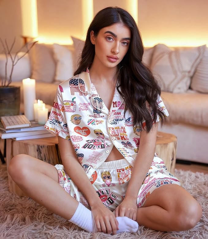 Women’s Silk Satin Pajama Set, Short Sleeve Button Down 2 Piece PJs with Shorts, Cozy Loungewear & Matching Holiday Pajamas