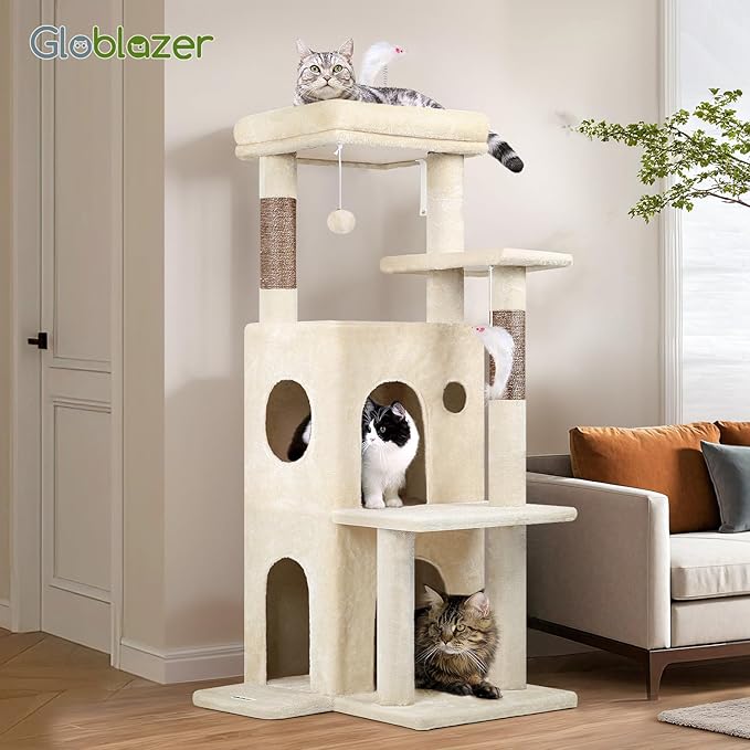 Globlazer Cat Tree Tower for Indoor Cats, 50-inch Adult Cat Tree House for Large Adult Cats with Steps, Scratching Post, 2 Cat Caves, Dangling Toys, FC50, Beige