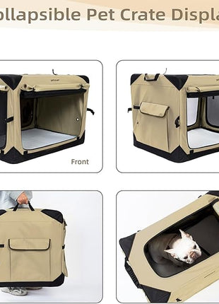 Pettycare 26 Inch Collapsible Dog Crate with Curtains Travel Dog Crate for Airflow and Calm Soft Pet Kennel with Portable Bag and More Chew Proof Mesh Indoor & Outdoor Beige 4 Door Curtains