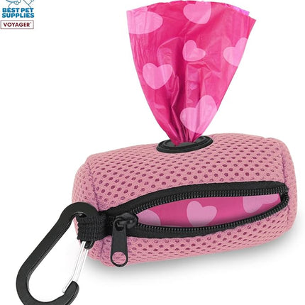 Best Pet Supplies Dog Poop Bag Holder Leash Attachment with 15 Bags, Pink, Reusable Mesh Dispenser Pouch for Travel, Walking, Park, and Outdoor Use, Soft and Durable with Clip-On