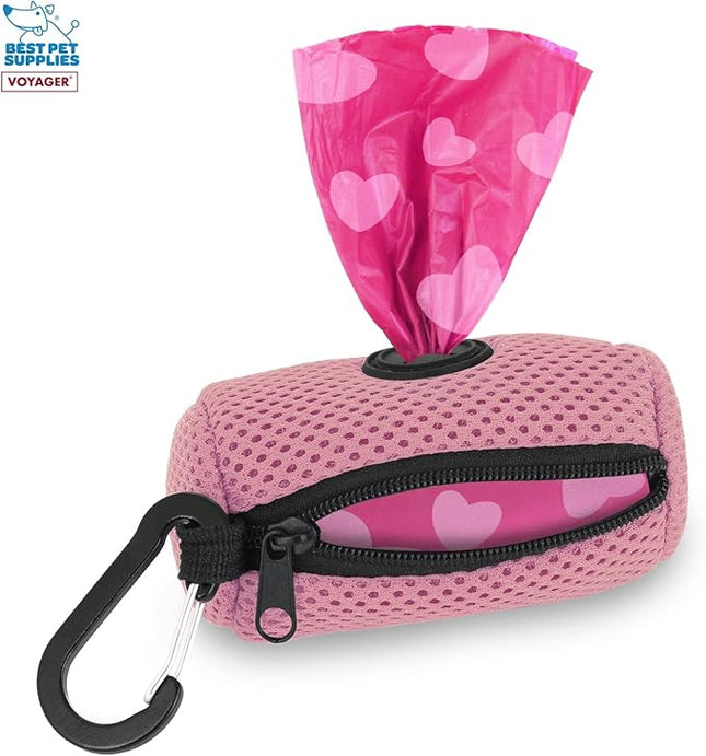 Best Pet Supplies Dog Poop Bag Holder Leash Attachment with 15 Bags, Pink, Reusable Mesh Dispenser Pouch for Travel, Walking, Park, and Outdoor Use, Soft and Durable with Clip-On