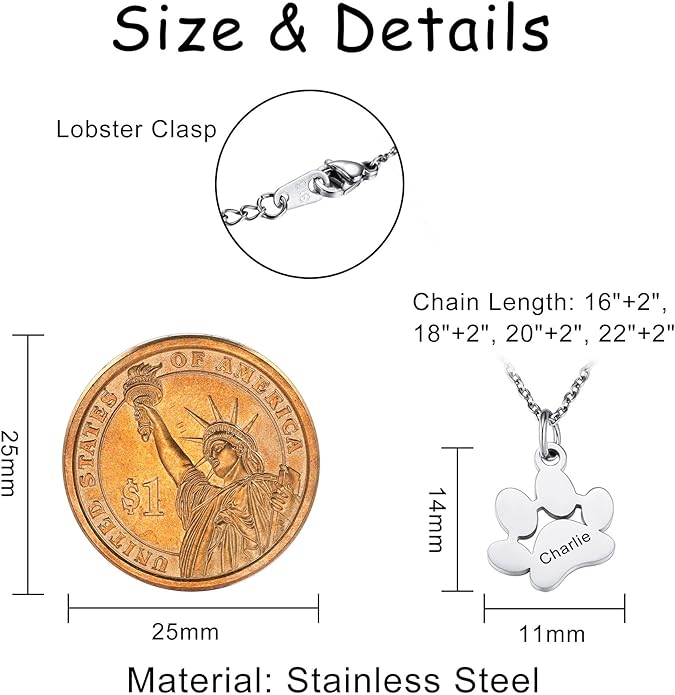 MeMeDIY Personalized Paw Print Necklace for Women Engraved Name Dog Paw Necklace Stainless Steel/925 Sterling Silver Paw Necklace Pet Memorial Necklace 1-4 Cat Paw Print Necklace
