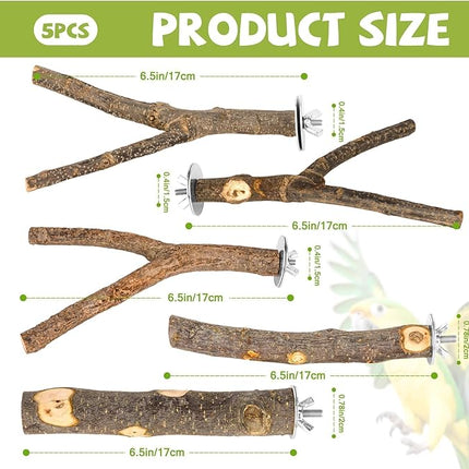 5PCS Natural Wood Bird Perch Set - Straight & Forked Branch Perches Cage Perches Accessories for Small Medium Birds, Parakeets, Budgies, Cockatiels, Conures
