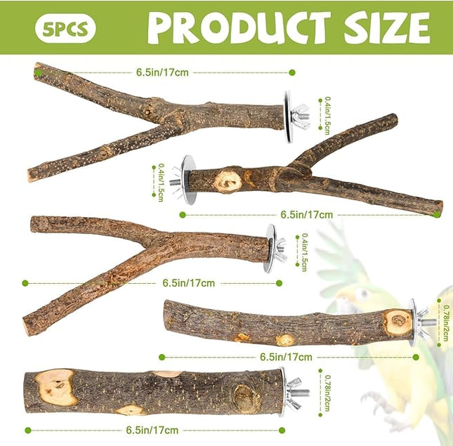 5PCS Natural Wood Bird Perch Set - Straight & Forked Branch Perches Cage Perches Accessories for Small Medium Birds, Parakeets, Budgies, Cockatiels, Conures