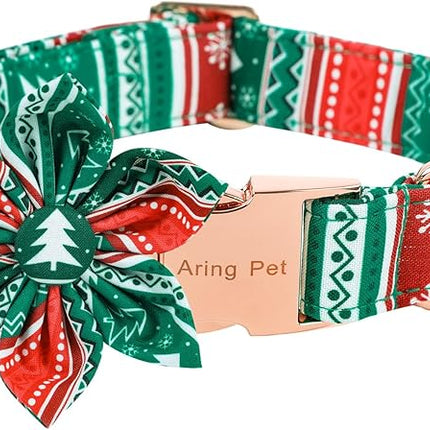 ARING PET Christmas Dog Collar, Cute Folk Xmas Red Green Detachable Flower Pet Collars with Metal Buckle for Puppy Small Medium Large Boy Girl Dogs-S