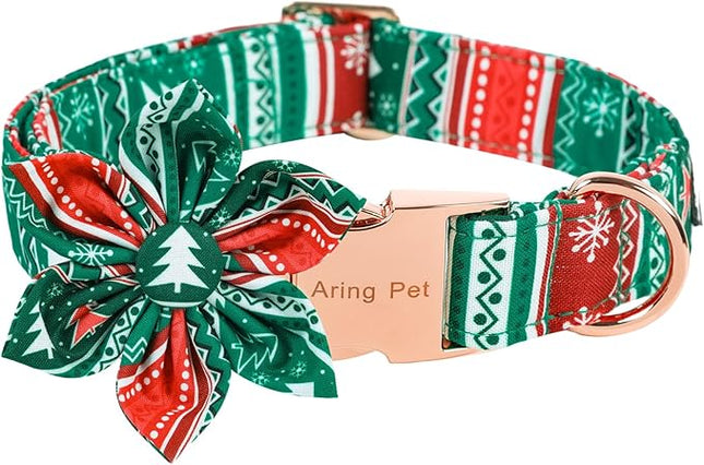 ARING PET Christmas Dog Collar, Cute Folk Xmas Red Green Detachable Flower Pet Collars with Metal Buckle for Puppy Small Medium Large Boy Girl Dogs-M