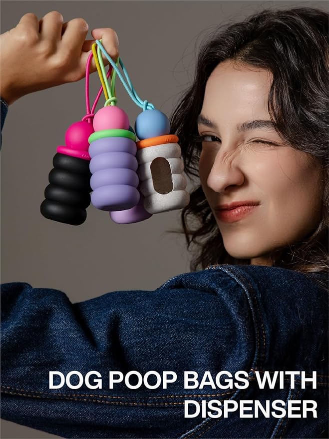 Dog Poop Bags with Dispenser, Leak Proof and Extra Thick Pet Waste Bags for Walking Dog and Cats Litter, 1 Bag Holder and 105 Bags (Purple)